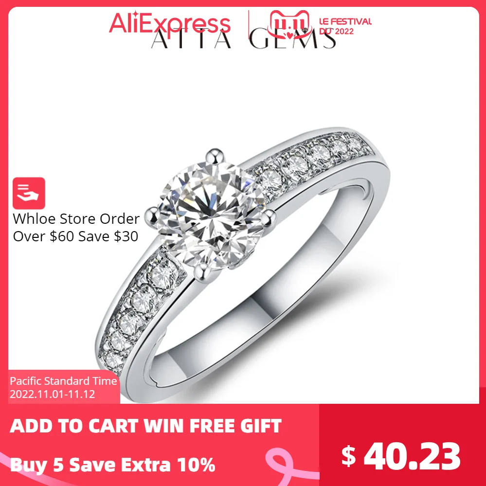 

ATTAGEMS 1.0CT Moissanite 18K White Gold Plated 925 Silver Rings for Women Round Cut Solitaire Hidden Halo Ring for Engagement