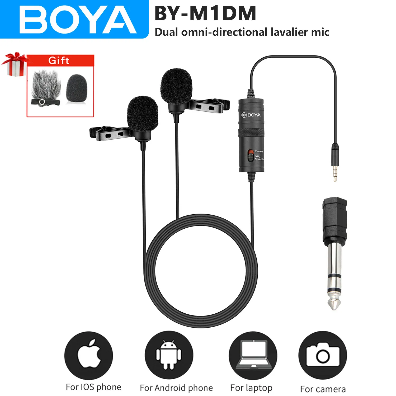 

BOYA BY-M1DM 4m Dual-Head Condenser Lavalier Lapel Microphone for Mobile Phone iPhone PC Computer Android Youtube Live Streaming