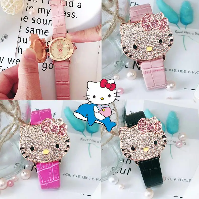 

Kawaii Hello Kitty Flip Top Watch Sanrio Kt Cat Watches Flip Creativity Diamond Wrist Watches Women Bracelet Jewelry Girls Gift
