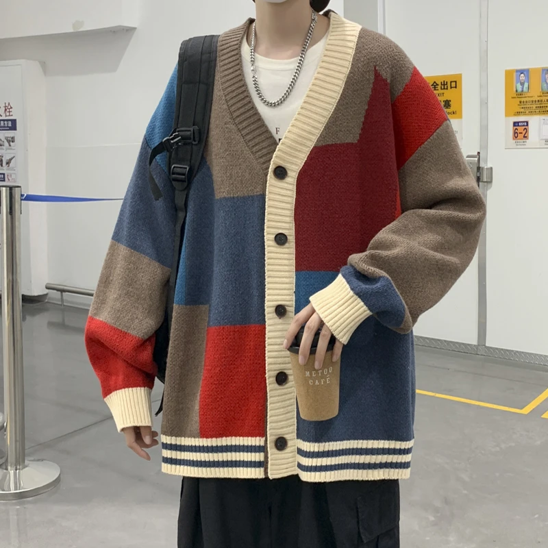 

Spring and Autumn Contrast V-neck Cardigan Sweater Women's Japanese Vintage Loose Fashion Knitwear Couple Lazy Style Coat