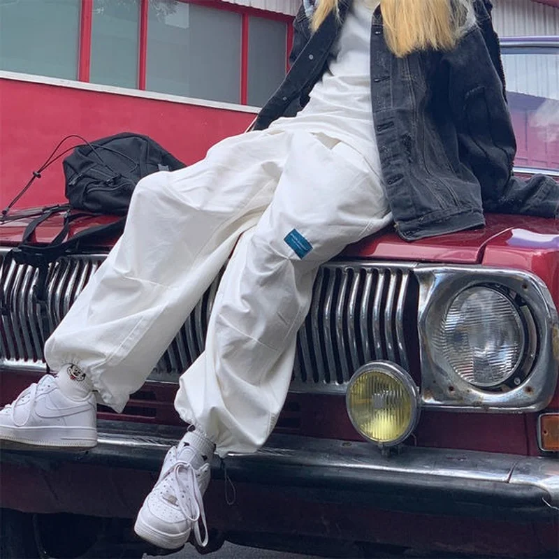 

Women Spring 2022 Elastic Waist Cargo Pants Female Baggy Korean Style Sweatpants Ladies Harajuku BF Hip Hop Trousers J163