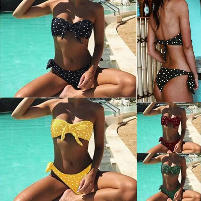 

Popular Sexy Women Strapless Bandage Bandeau Push Up Dot Printed Bikini Set Lace Up Female Summer Swimwear Swimsuit Beachwear