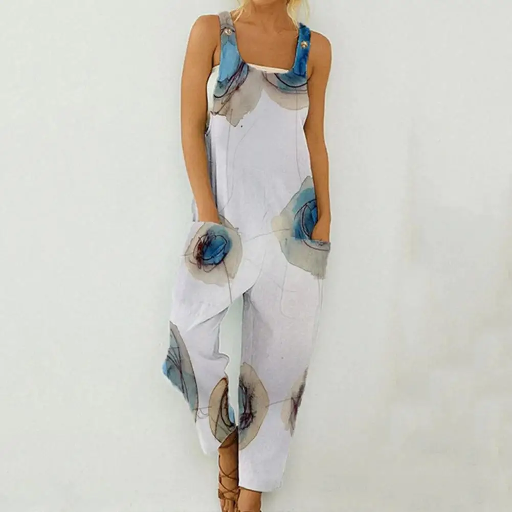 

Women Romper Soft Fabric Easy to Match Square Neck Grafitto Print Sleeveless Young Style Lady Wide Leg Jumpsuit Streetwear