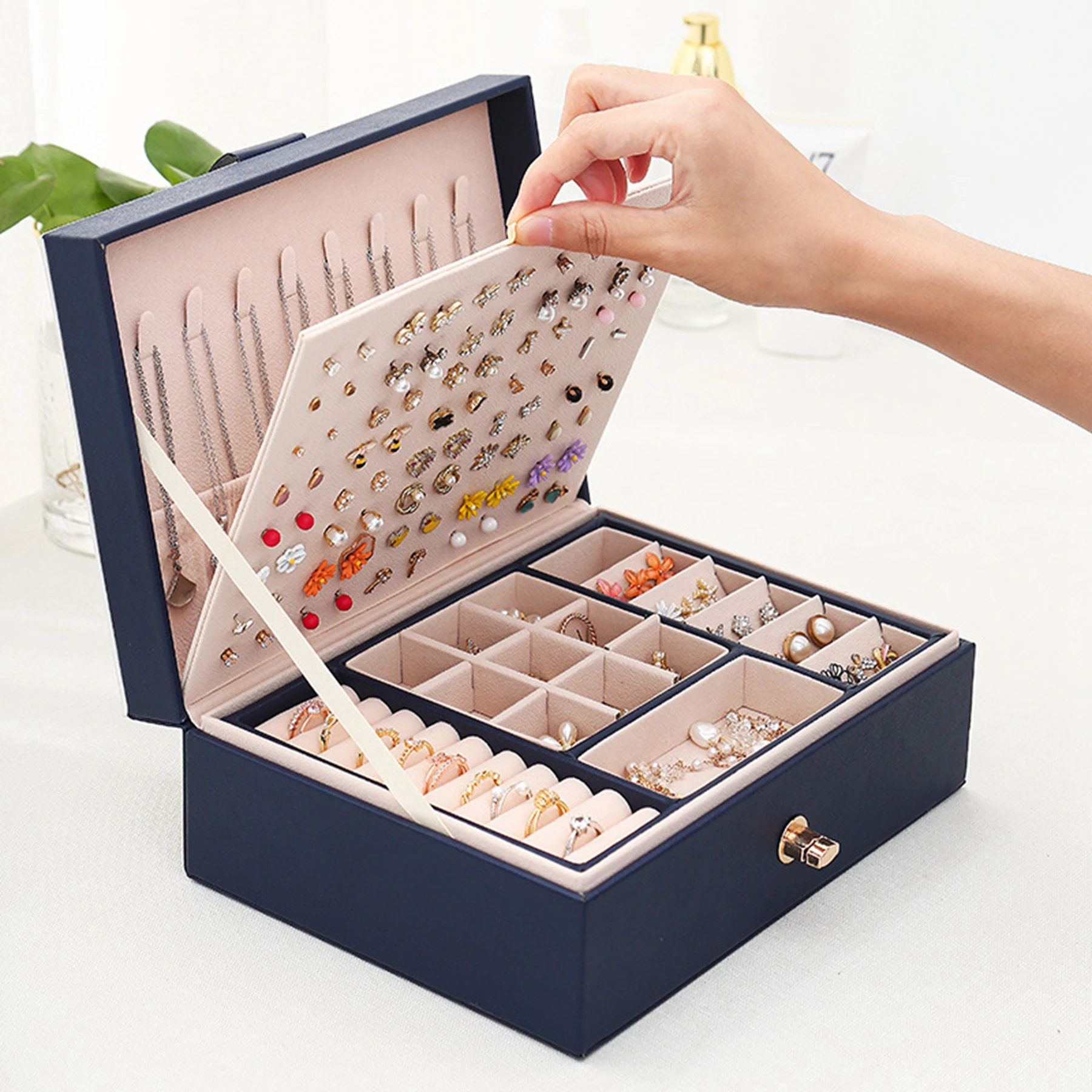 

Smart Jewelry Organizer New 2 Layer Jewelry Box Earring Necklace Ring Storage Easily to take away