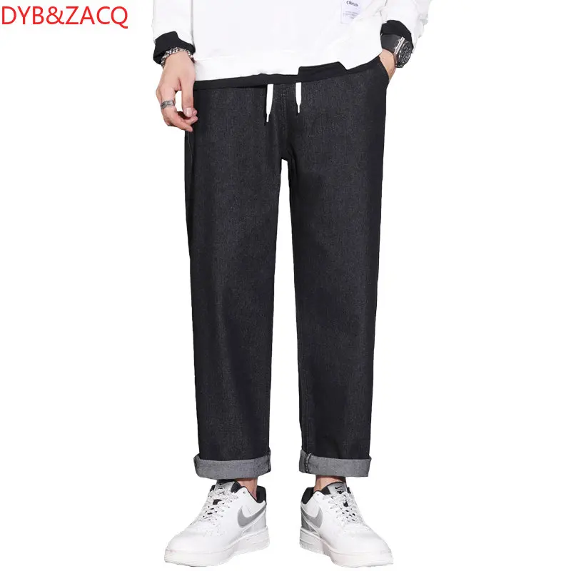 DYB&ZACQ Brand Spring and Autumn Solid Color Retro Style Wide Leg Loose Neutral Elastic Waist Drawstring Jeans