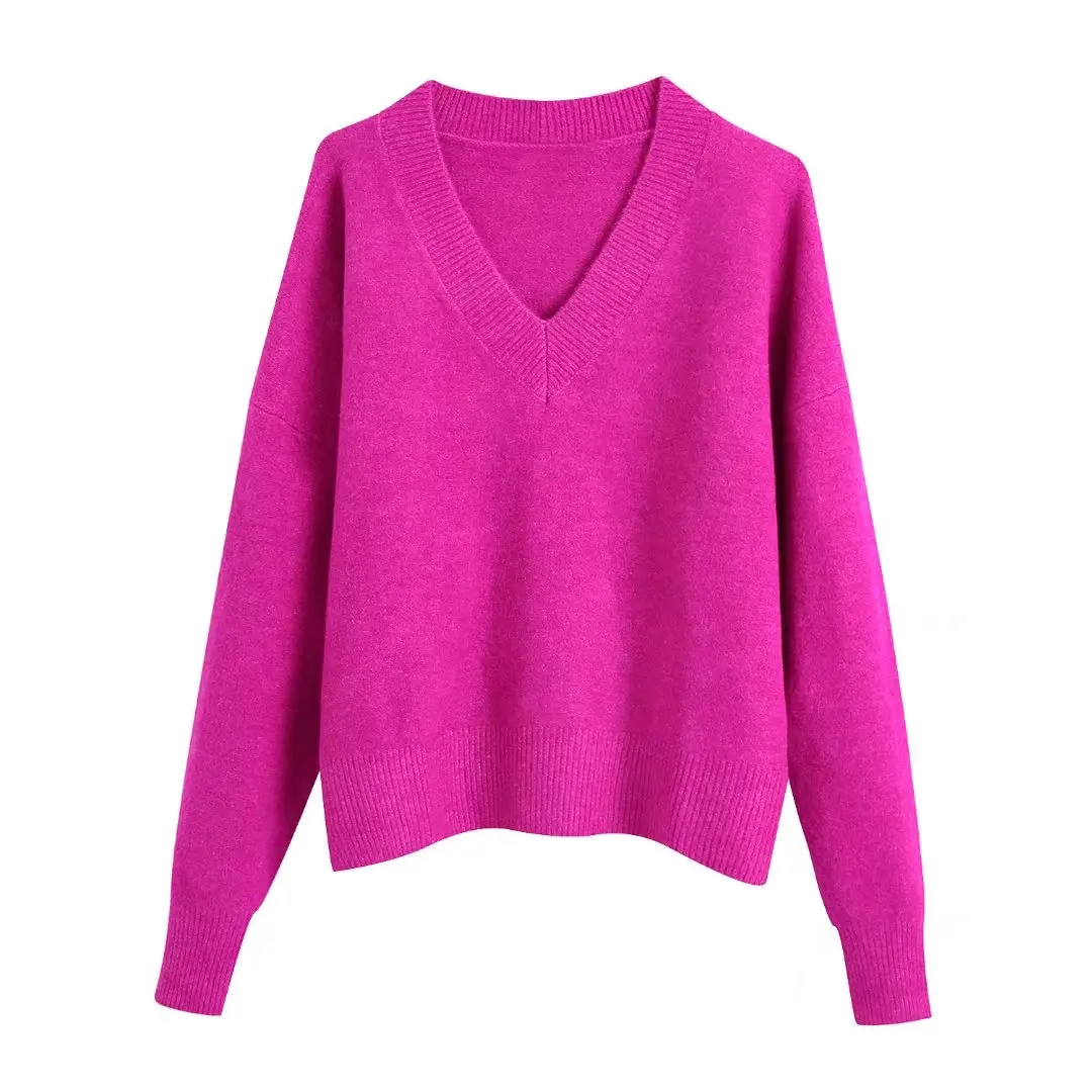 

2022 Women Fashion Soft Touch Loose Jacquard Mesh V-Neck Pure color Knitted Sweater Vintage High Neck Long Sleeve Pullovers