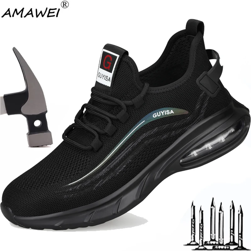 

AMAWEI New Steel Toe Anti-Punctur Anti Shock Shoes Men Aircushion Work Non-Slip Safety Portable Protective Boots Outdoor Labor