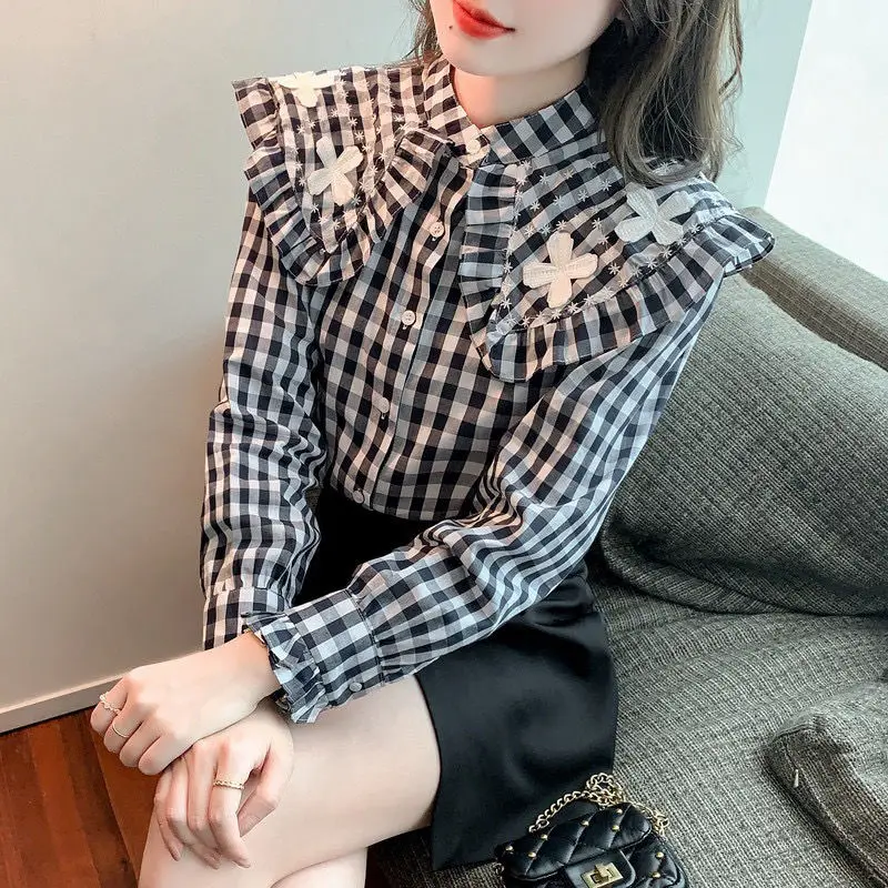 

Women Plaid Shirt Kawaii Doll Collar Long Sleeve Button Tops T-shirt Korean Style Sweet Lady Loose Casual Blouse Women Blusas