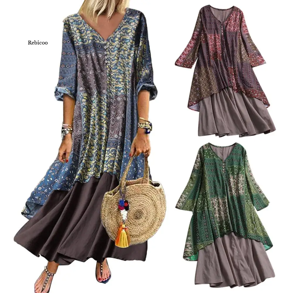 

Women Vintage V Neck Long Sleeve Floral Print Stitching Maxi Dress perfect gifts for women Lady dresses