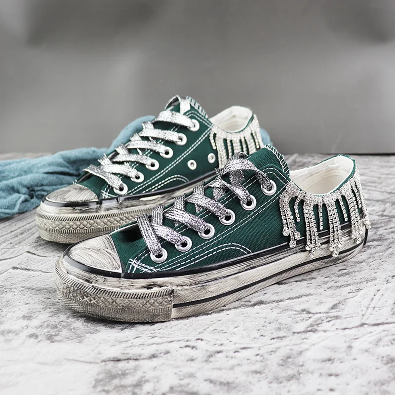 

Handmade Custom Crystal Tassel Canvas Sneakers Ladies Luxury Rhinestone Vulcanized Casual Flats 35-40