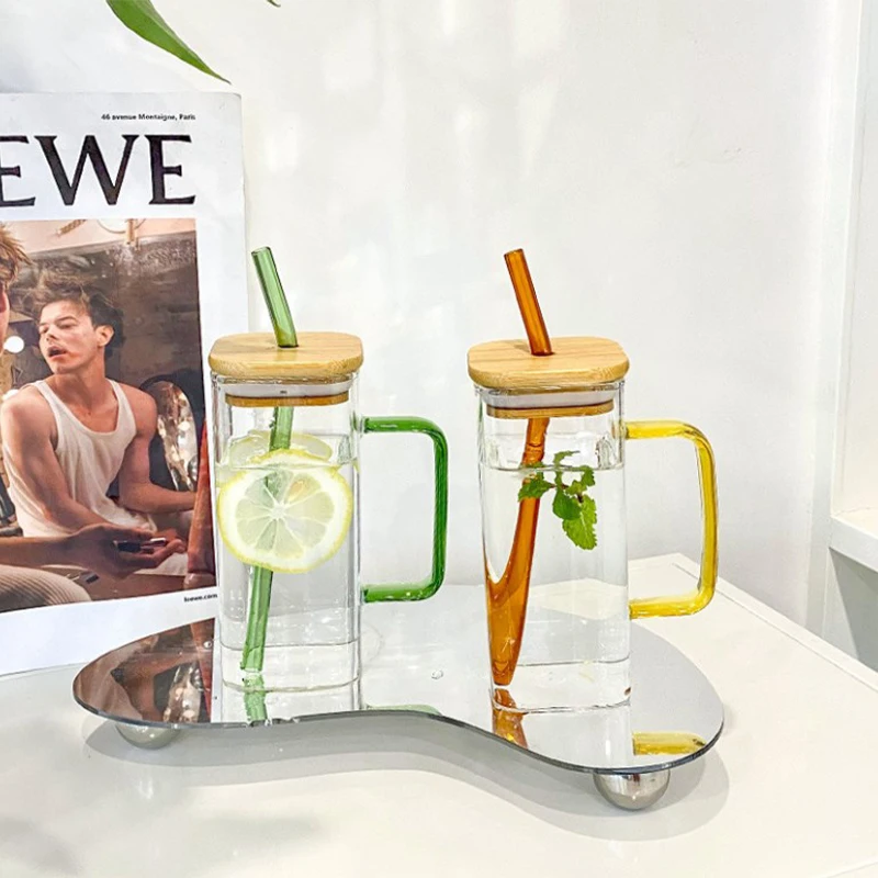 Drinking Glasses with Bamboo Lids and Glass Straw 16oz Can Shaped Glass Cups Beer Glasses Iced Coffee Glasses Ideal for Whiskey