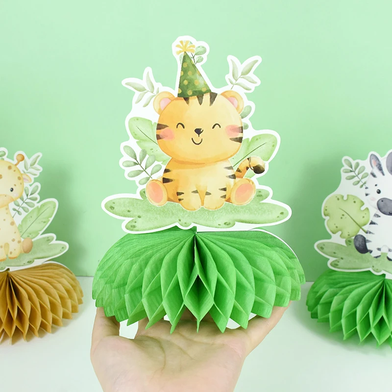 

7pcs Tropical Jungle Safari Animal Honeycomb Centerpiece 1st Wild One Newborn Baby Birthday Party Table Ornament Booth Pendant