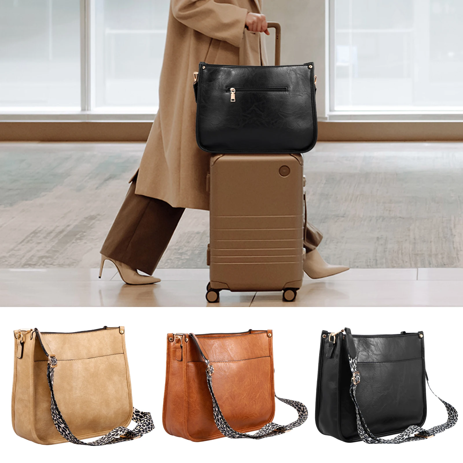 

Leather Crossbody Bag Fashion Women Trendy Shoulder Bag with Leopard Print Wide Guitar Strap Large Capacity Female Travel