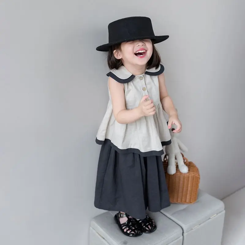 

Kid 2pcs Short Sets Children Outfits Cotton and Linen Shirts Tops and Loose Skirt Pants Bear Girls Clothes Summer