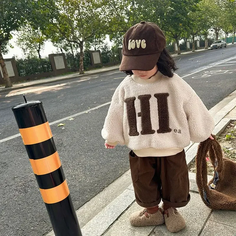 

Winter Plush Children's Sets Children's Lamb Cashmere Sweater Korea Thicken Clothing Casual Top Pants for Boys Girls