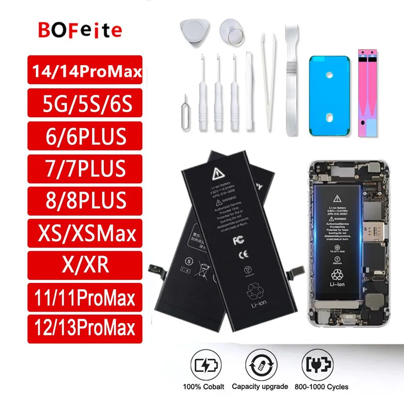 BoFeite Battery For iPhone 6S 7 8 6 Plus X SE 5S 5 XR XS 11 12 Mini 13 14 Pro MAX 14plus Original  Replacement Bateria