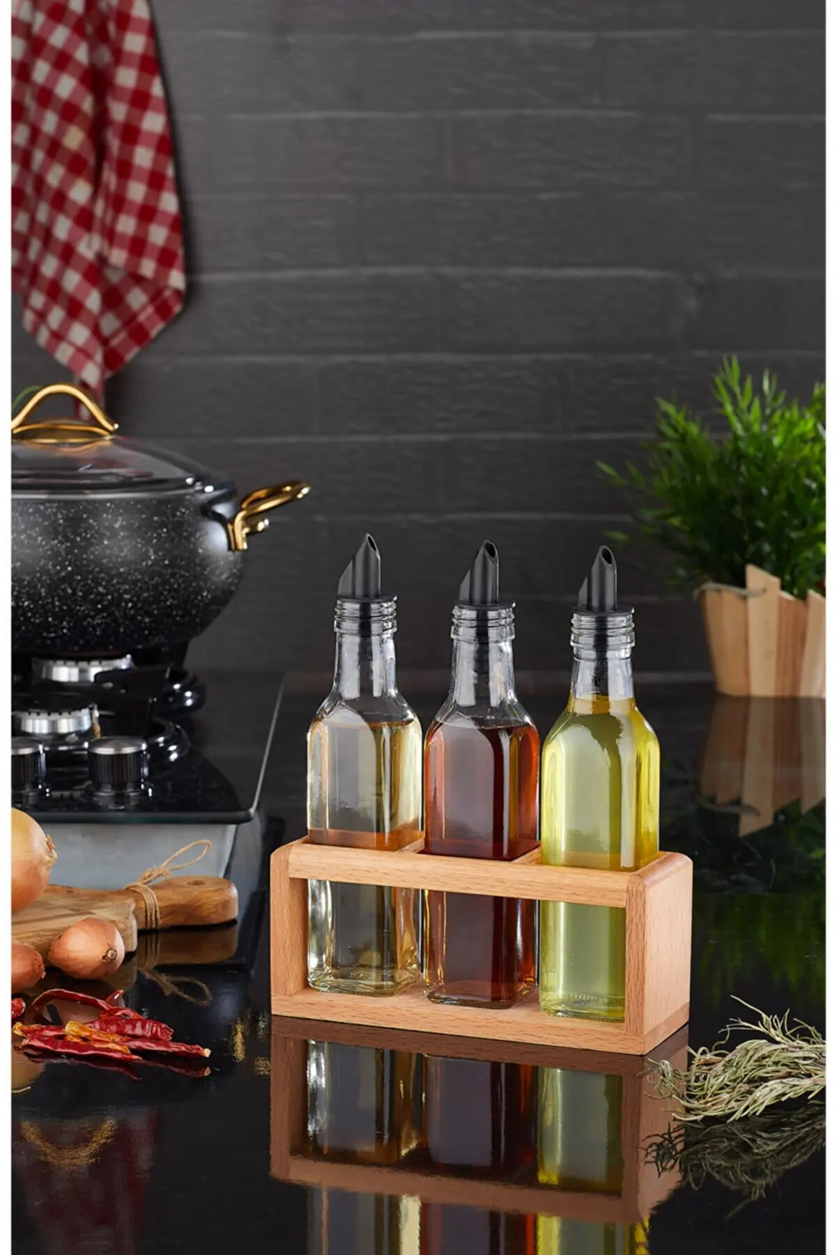 

Triple oil bottle set wooden stand oil bottle vinegar 250 ml Kitchen Accessories Gift for Home