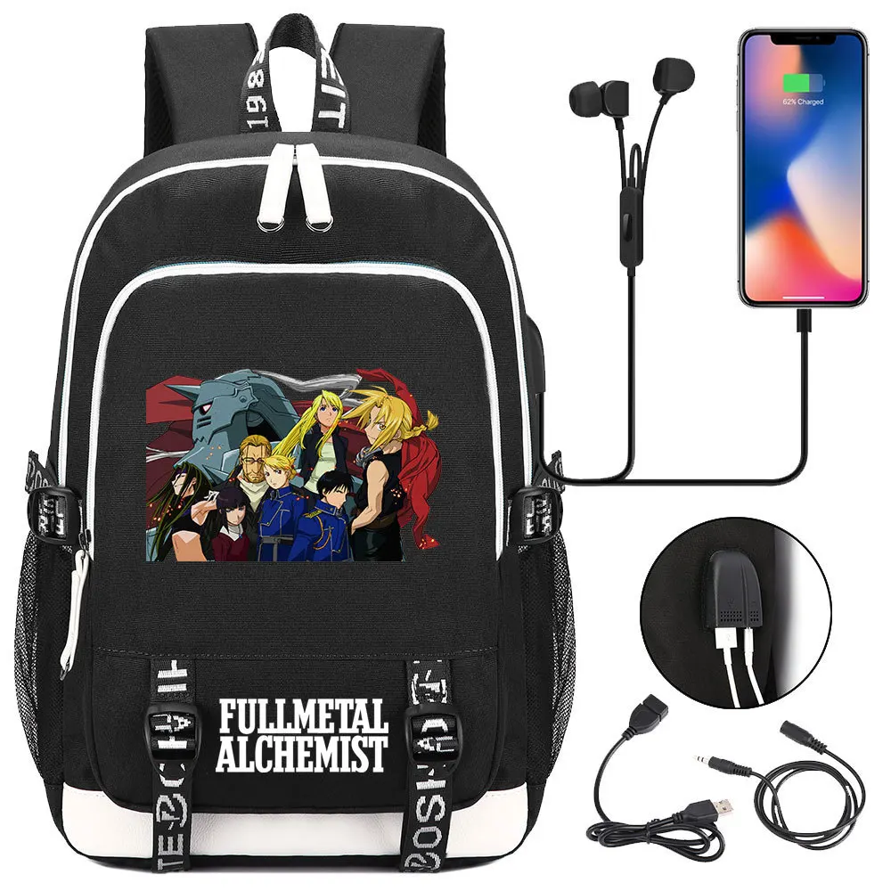 

Anime Fullmetal Alchemist Canvas Backpack USB Charging Knapsack Teenager Travel Laptop Bag Unisex Student Zip Cartoon Schoolbag