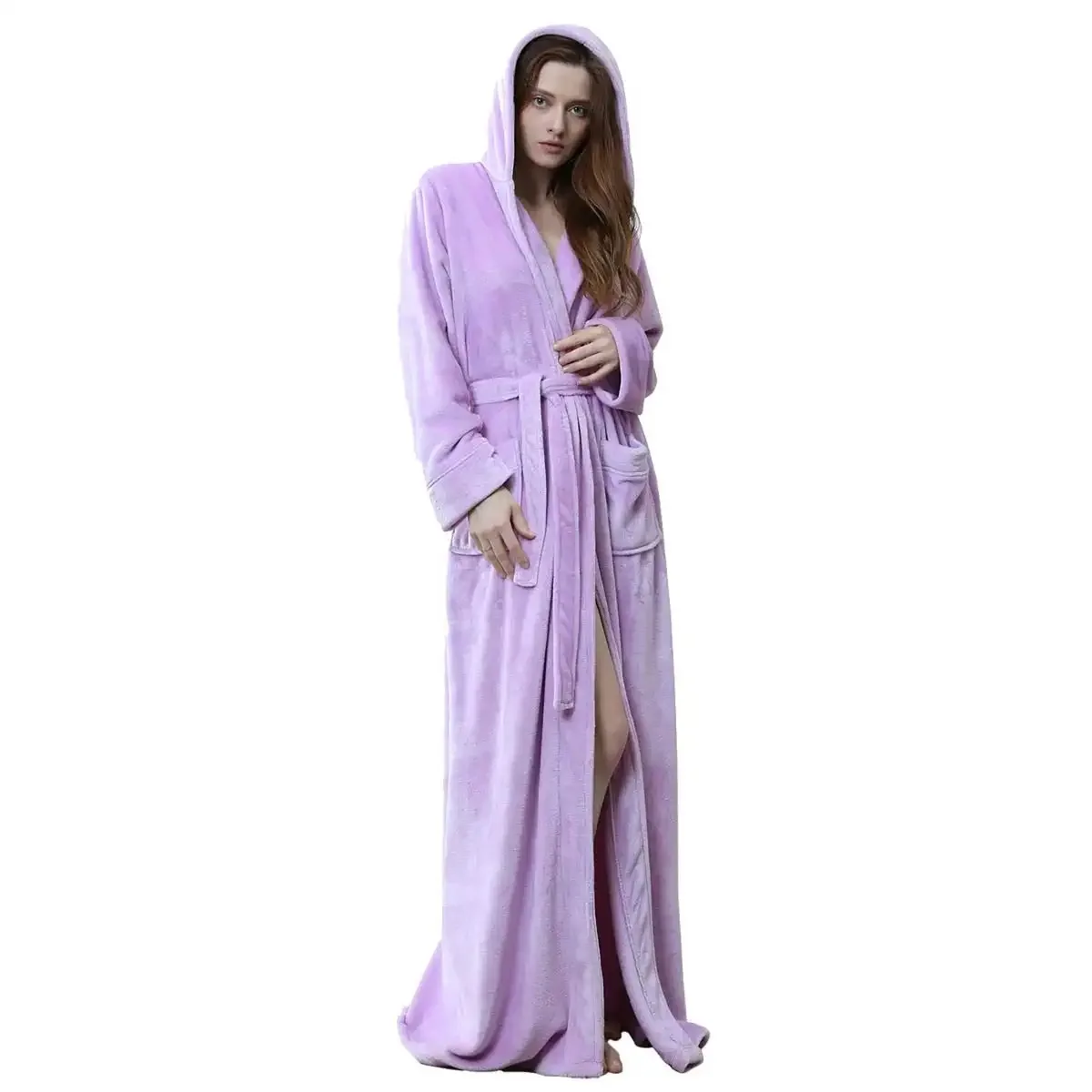 Women's Winter Fluffy Bathrobe Solid Hooded Thick Ladies Dressing Gown With Sashes Pockets Long Sleeve Kimono For Female