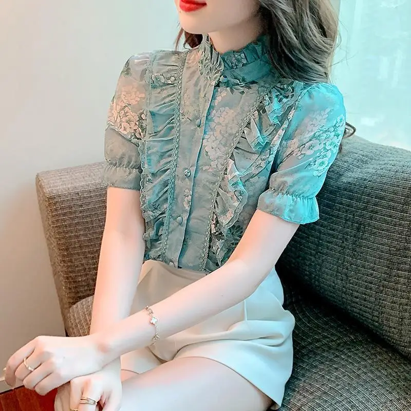 

Blouse 2022 Summer fashion short -sleeved chiffon foreign printed blossom bubble sleeve solid casual blouse women's clothing