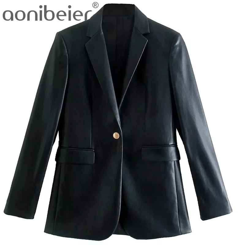 

Aonibeier 2022 Woman Casual Traf Coats Spring Single Button Slim Long Blazers Notched Collar Black Faux PU Leather Jacket