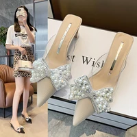 new summer slippers for women pumps shoes 2022 pointed toe woman slides 5cm heel fashion bow blingbling womans party high heels