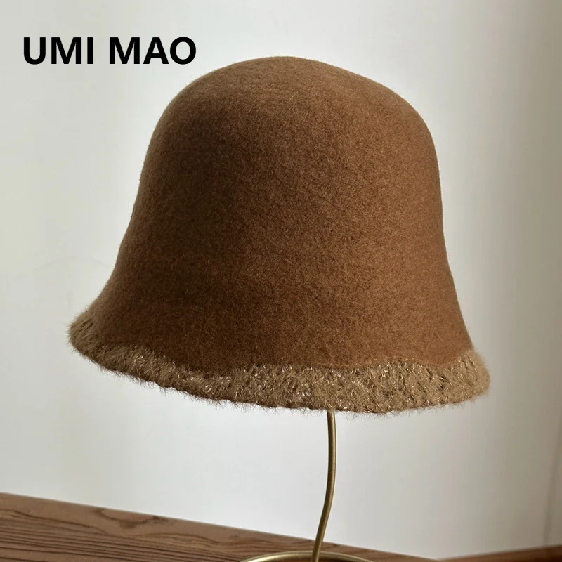 Фото UMI MAO Японская шерстяная панама-ведро с кружевом цвета верблюжьей шерсти, осенне-зимняя, изысканная и модная женская шляпа. №1