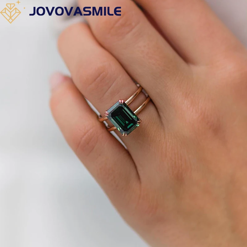 JOVOVASMILE VVS Moissanite Rings 4.5carat 11x8mm Fancy Dark Green Emerald Cut 18k Rose Gold Solitaire Lennon Ring For Women