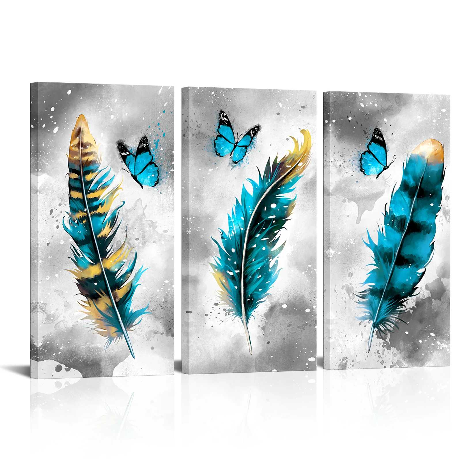 

3 Pieces Feather and Butterfly Home Decor Poster Blue Feather Print Canvas Painting Modern Style Pictures Living Room Wall Art