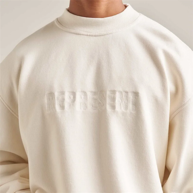 

Men Women 1:1 High Quality Embroidered Overhead Represent Sweatshirts Heavy Weight Hoodie Flat White Represent Sweatshirts