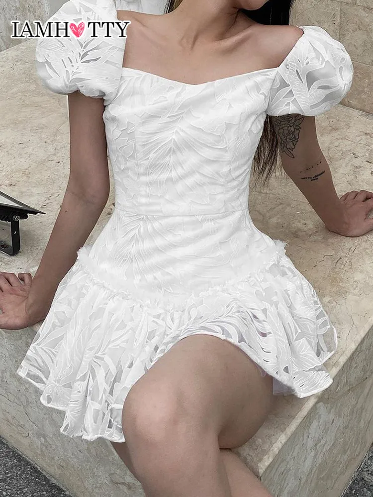 

IAMHOTTY Jacquard White A-line Mini Dress Elegant Party Pleated Dresses Fairycore Aesthetic Outfit Kawaii Dress Korean Fashion
