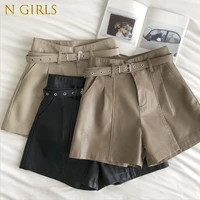 n girls 2022 solid color pu leather short pant female temperament high waist shorts for women wide leg pants sashes mujer