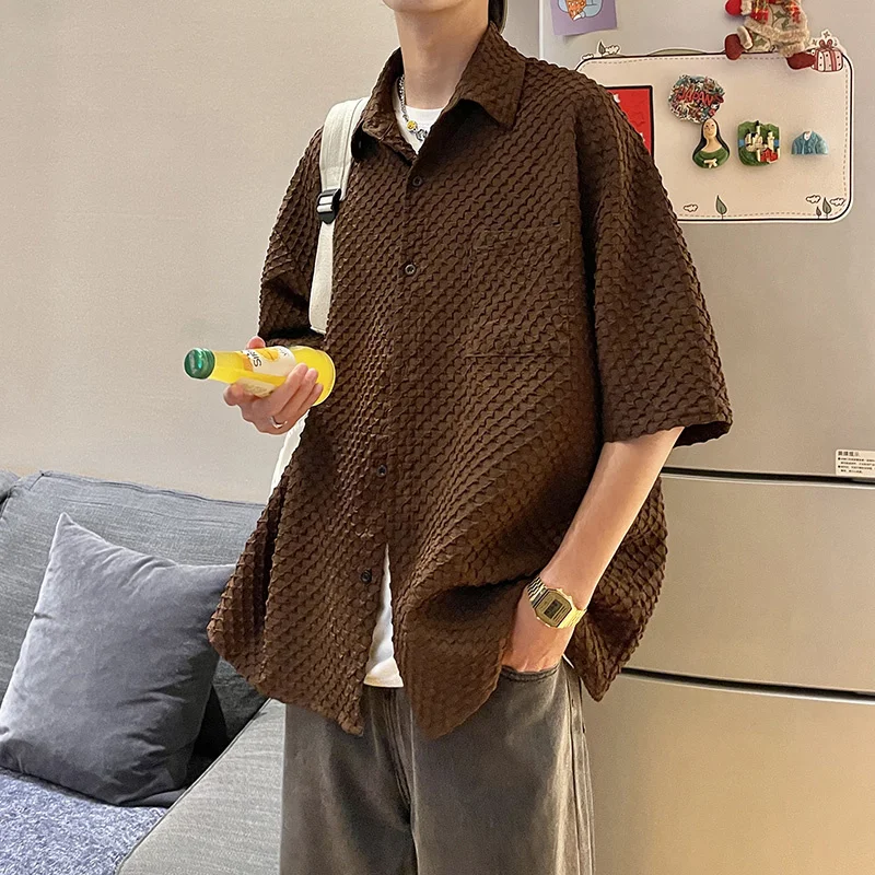 

Summer 3 Color Short Sleeve Shirt Men's Fashion Retro Pocket Casual Shirt Men Korean Loose Plaid Shirt Mens Japanese Streetwear
