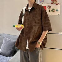summer 3 color short sleeve shirt mens fashion retro pocket casual shirt men korean loose plaid shirt mens japanese streetwear