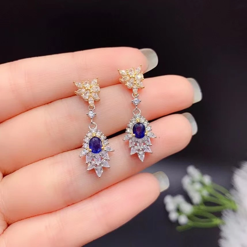 

Elegant Silver Sapphire Drop Earrings 4mm*5mm Natural Dark Blue Sapphire Earrings Jecket 925 Silver Sapphire Jewelry