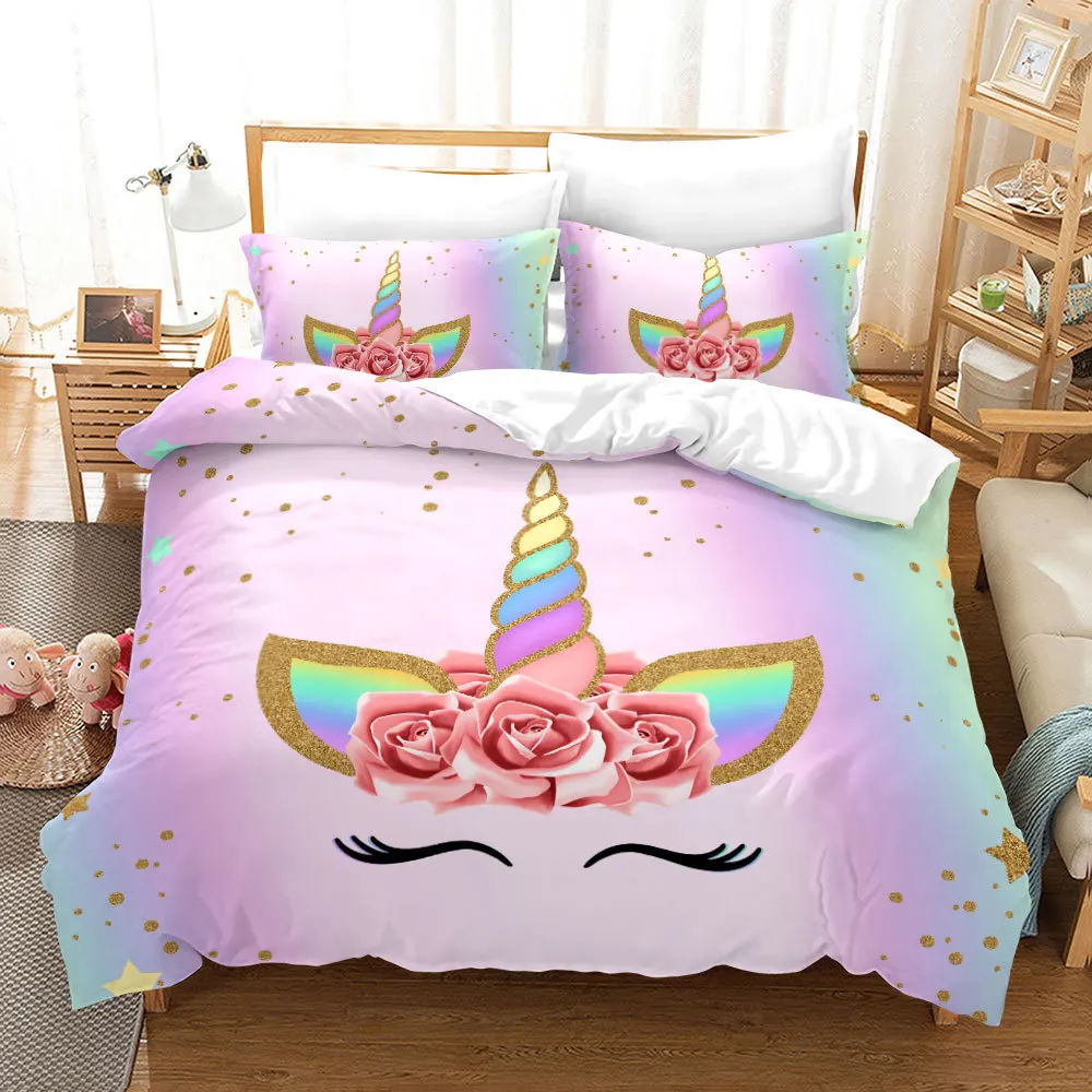 

Kids Unicorn Eyelash Pink Princess Duvet Cover King Queen Bedding Set Fairy Magic Animal Closed Eye 2/3pcs Polyester Quilt Cover