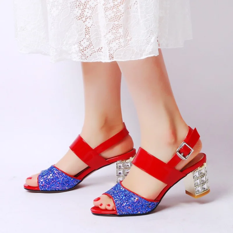 2023 Summer Platform Fish Mouth High Heels Diamond-in-a-line with Sequin Leather Sandals Women Thick Heels Sandals Women1924