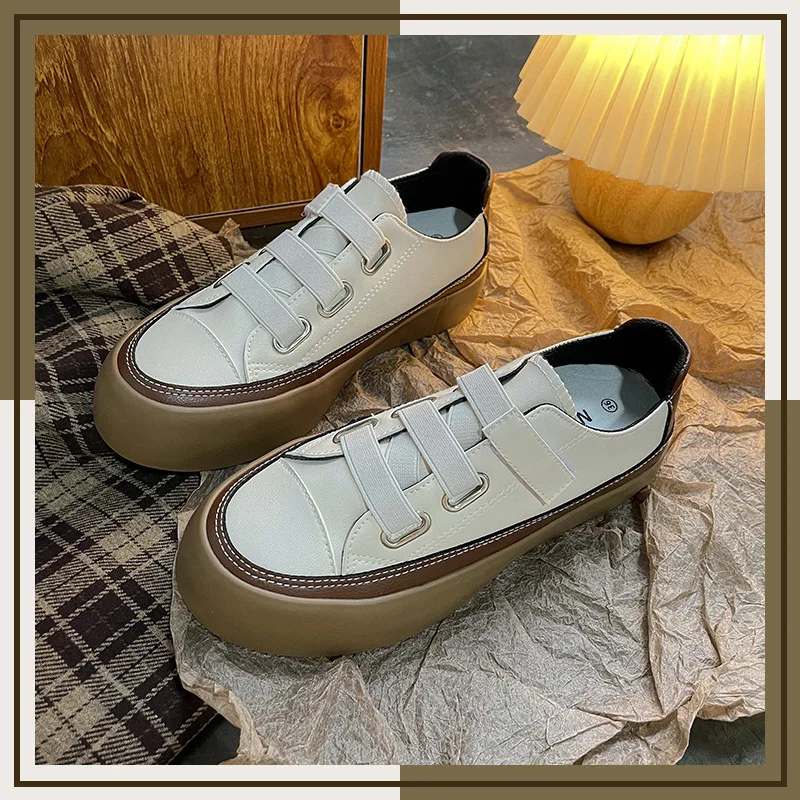 Retro Korean Version of Women Casual Flat Shoes 2023 New Hook and Loop Leisure Microfiber  Zapatos