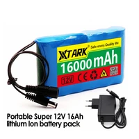 brand new 12v 18650 16000mah dc 12 6v 16ah li ion battery with eu plug 12 6v charger and 1a dc bus header cable