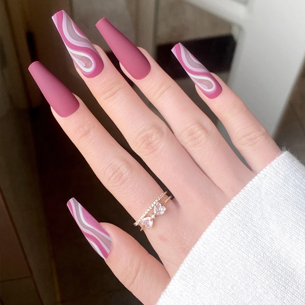 

24Pcs Extra-long Frosted Coffin False Nails Pink Corrugated Wearing Fake Nails Ballerina Full Cover Nail Tips Press On Nails