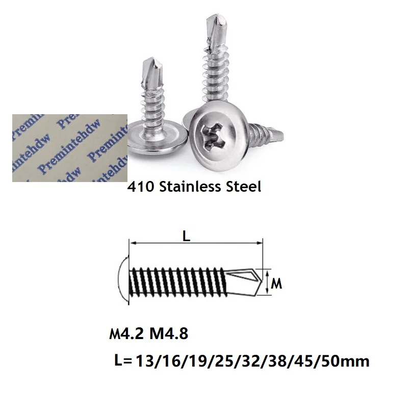 

100 шт./лот 401 саморез из нержавеющей стали для кровельной крыши, сверлильный винт, головка шайбы фермы