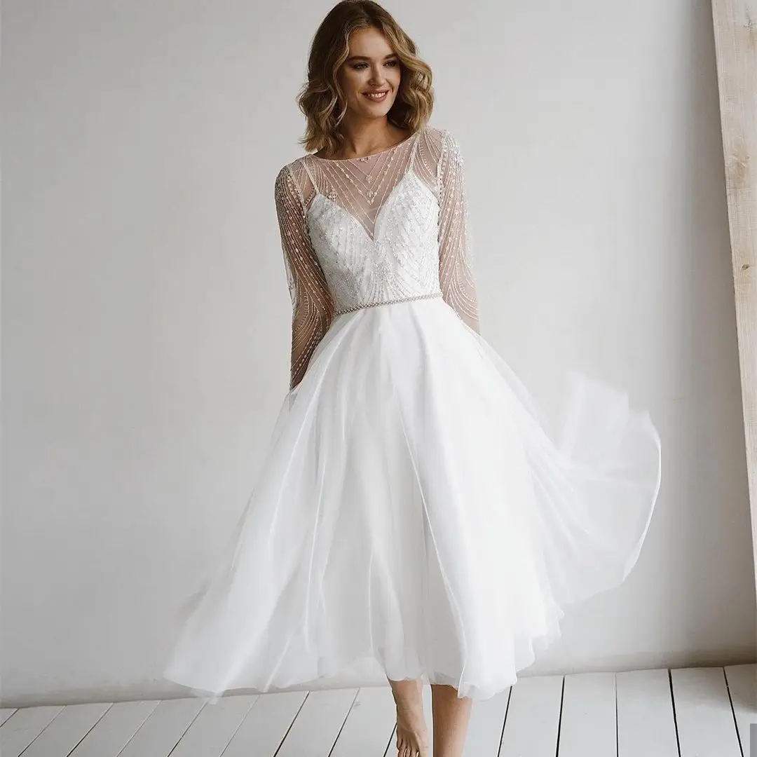 

Elegant Short Wedding Dress 2022 Long Sleeves Beading Sashes Tassel Backless Appliques Party Gown Robe De Mariee Mid Calf A Line