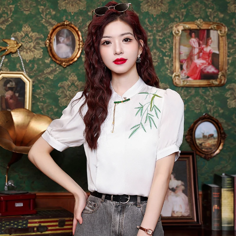 Женская летняя блузка с коротким рукавом и воротником-стойкой