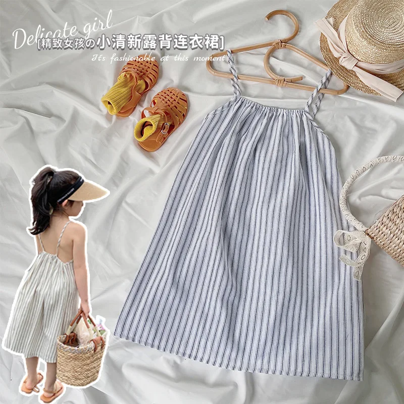 

Girls Suspender Dress 2022 Children's Clothing Baby Girl Casual Style Striped Backless Holiday Beach Dress