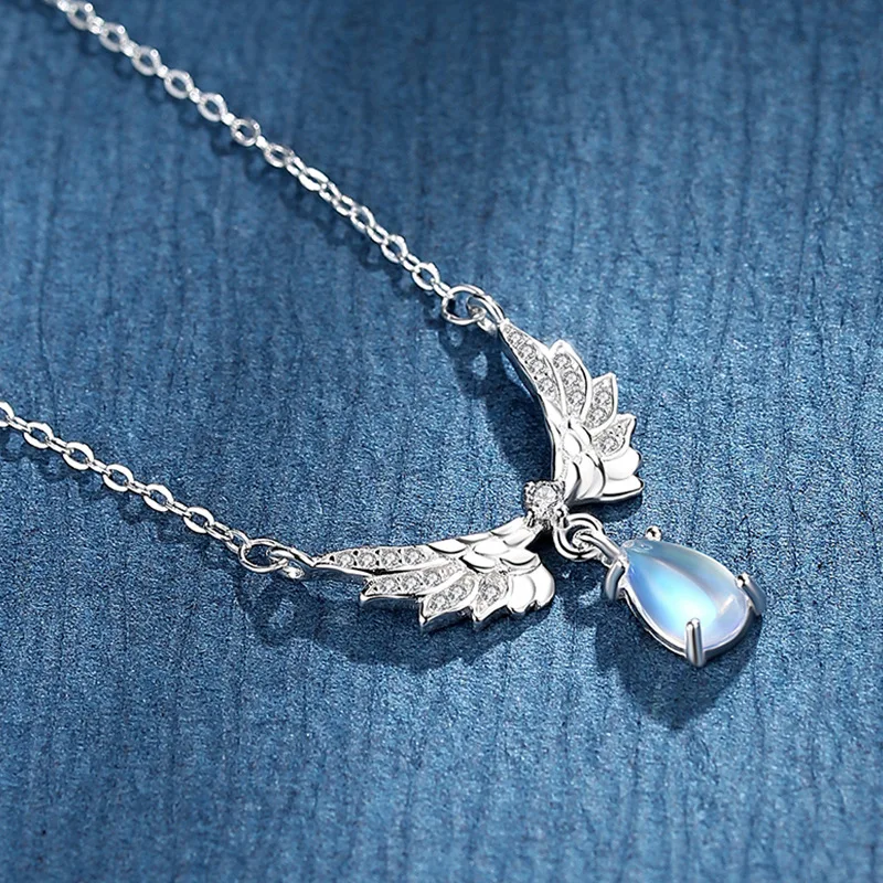 

Real 925 Sterling Silver Angel Wings Necklace Female Ins Niche Design Wing Water Drop Moonstone Pendant Clavicle Chain Necklace