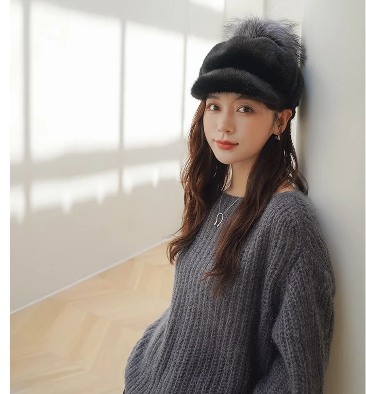 Women Real Mink Fur Hat Winter Warm Peaked Cap Headwear Fox Fur Pompom Black Wine