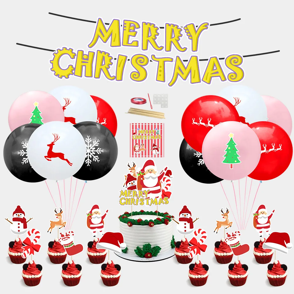 

Christmas Theme Decoration Kit with Merry Christmas Banner Christmas Tree Moose Snowflake Balloon Christmas Scene Decoration