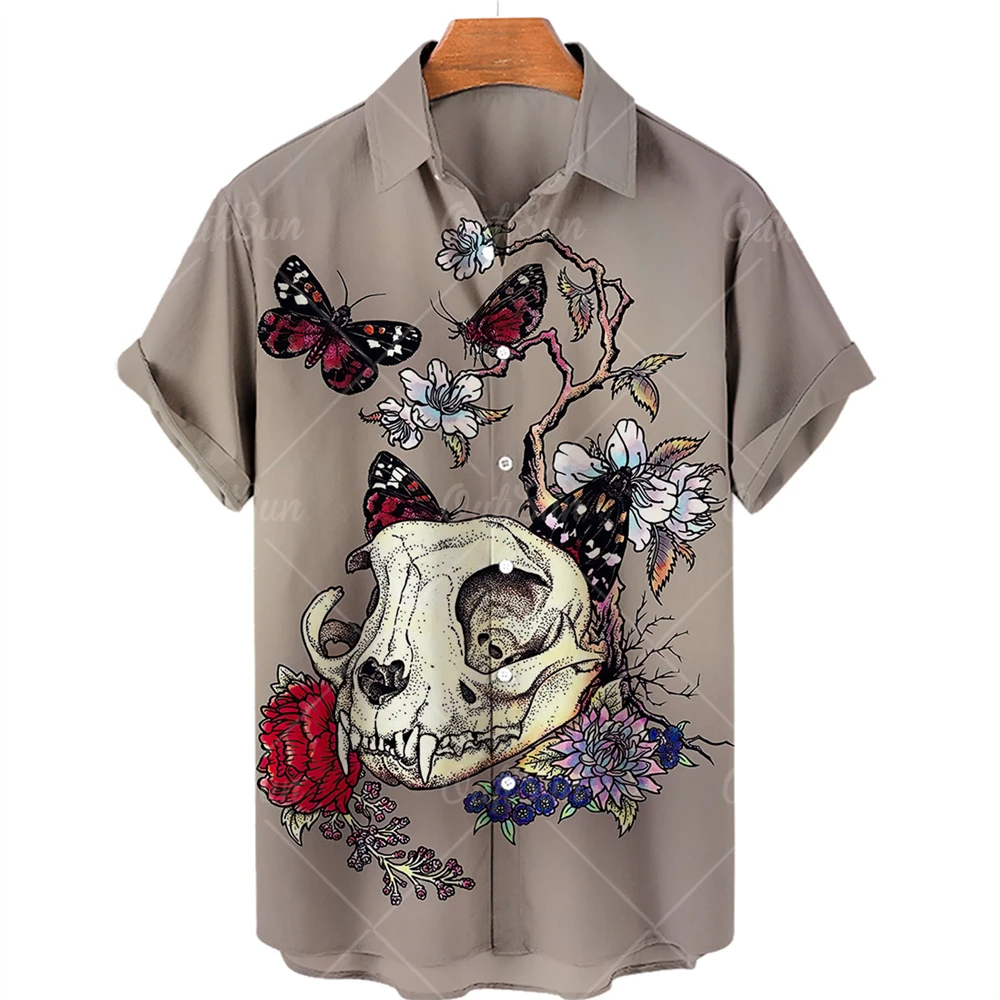 2022 Men's Hawaiian Shirt,Summer New Skull Print Shirt, Lapel, Single Button, Fashionable Casual Beach Top, Large 5XL