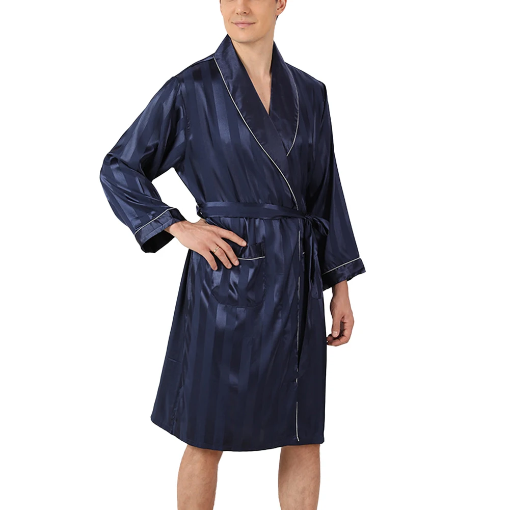 

Men's Satin Silk Kimono Bathrobe Robe Long Sleeve Wide Striped Plaid Sleepwear Baggy Nightgown Robes Home Wear Clothing Male