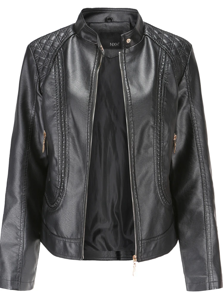 

LY VAREY LIN New Spring Autumn Moto Biker Pu Coat Women Casual Stand Collar Zipper Faux Leather Jacket Lady Casual Slim Outwear
